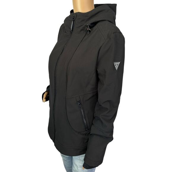 Guess Softshell Hooded Jacket Black Water + Wind Resistant Full Zip Size M - Picture 3 of 11
